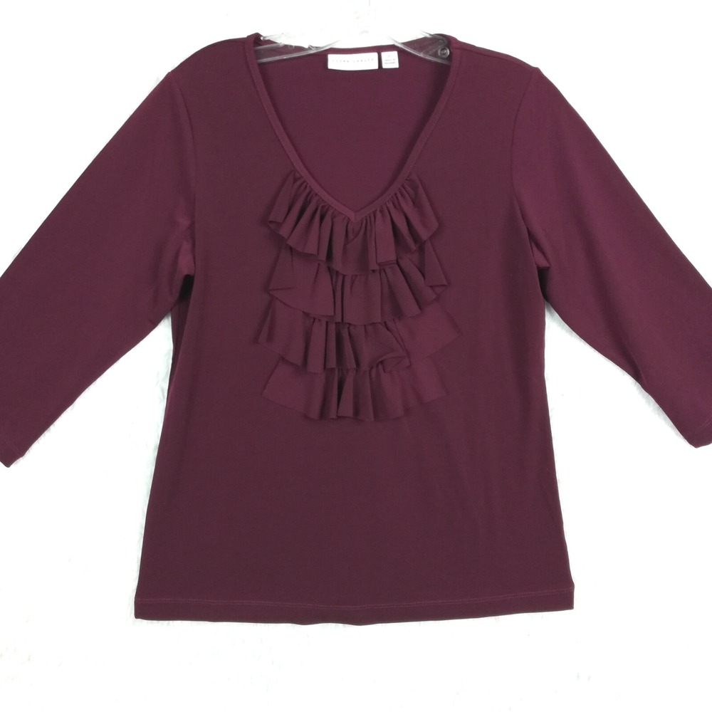 Susan Graver Womens Blouse Top 3/4 Sleeve V Neck Ruffle Burgundy Stretch XS